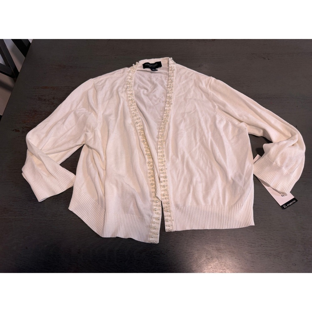 Perceptions New York White Pearl Embellished Cardigan Sweater XL P21778V NWT